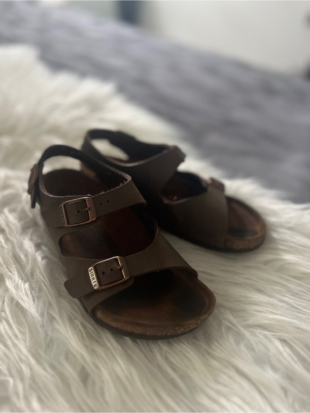 Birkenstock Roma Birko-Flor Beige Strappy Sandals, Size 2, Unisex Kids Preowned